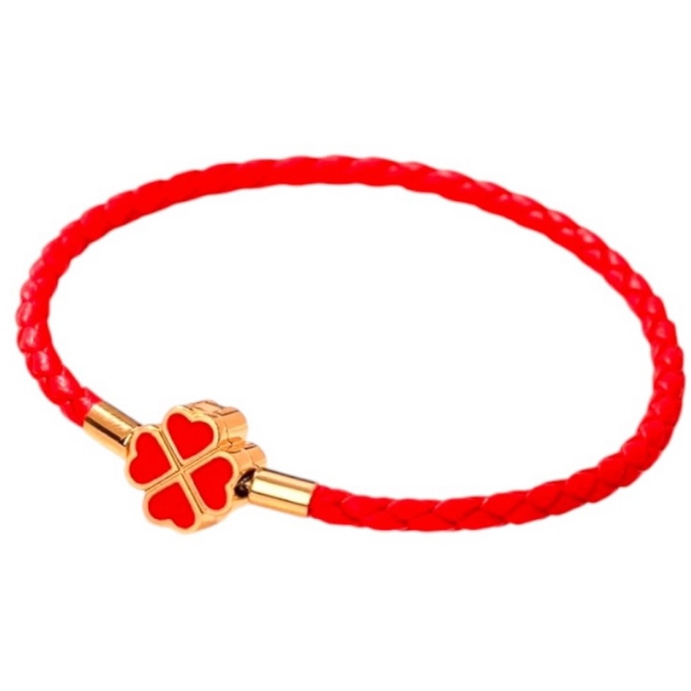 Genuine Woven Leather and Stainless Steel Four
Leaf Clover Charm Bracelet